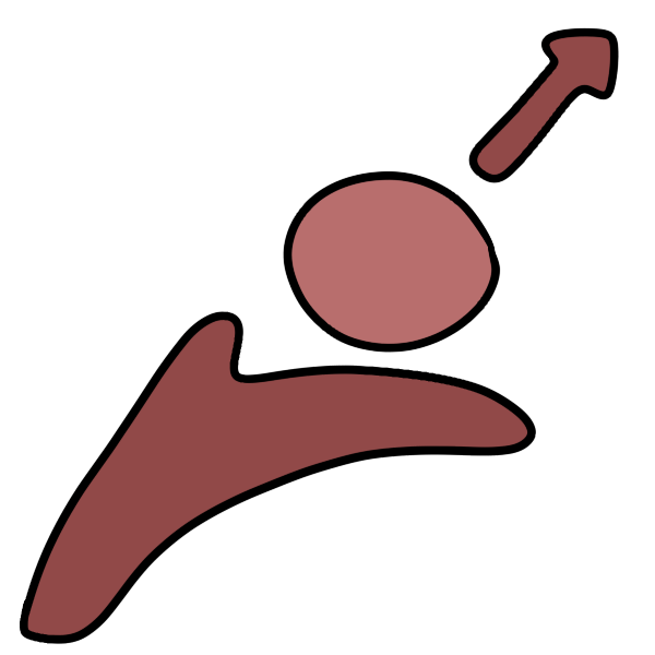 red side view of hand shape with pink lump floating above palm. Above the lump a red arrow points upwards towards corner